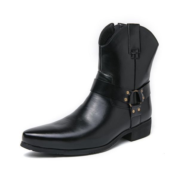 Martin Boots Men's High-top Shoes Pointed Short Boots Medium Tube Heightening Zipper Casual Leather Boots_vogvips.com