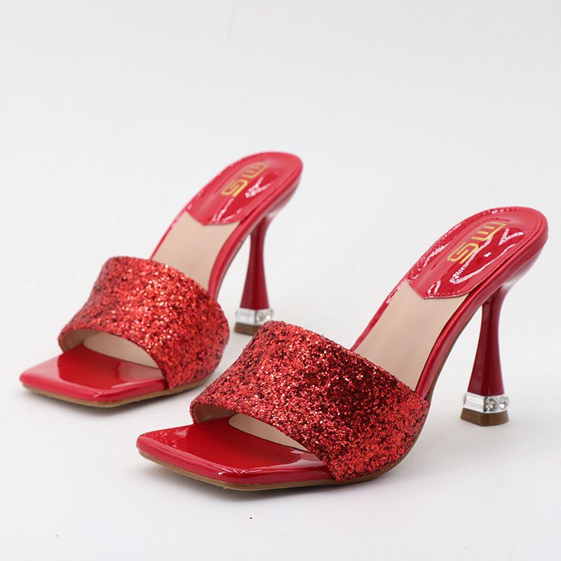 MS Women's Strappy Glitter Stiletto Sandals - Square Toe Open-Toe High Heels For Summer, Black/Red/Gold, Size 36-42_vogvips.com