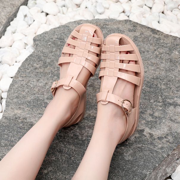 Women's Summer Open-Toe Retro Roman Shoes, Hollow Buckle Flat Sandals, Transparent Crystal Jelly Sandals_vogvips.com