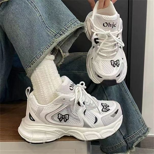 2025 Vintage Chunky Sneakers Women Breathable Mesh Cute Bow Fashion Platform Casual Hong Kong Style Sports Running Shoes_vogvips.com