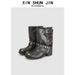 Women's Western Cowboy Boots With Studs & Buckles - Stacked Foldable Shaft Vintage Punk Rock Ankle Booties - Black & Tan Suede Leather Mid Heel Boots_vogvips.com