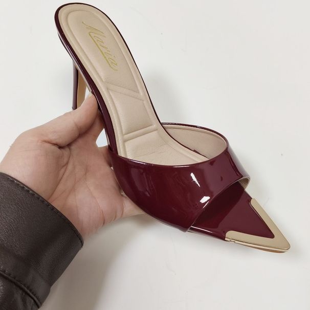 Internet Celebrity 2025 Patent Leather High Heels New Slippers Summer Women Fashion Sexy Outdoor Pointed Toe One-Strap_vogvips.com