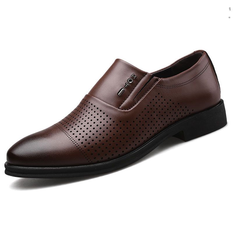 Men's Business Casual Leather Shoes With Perforated Breathable Design, Low-Cut Lace-Up Formal Shoes For Office & Daily Wear_vogvips.com