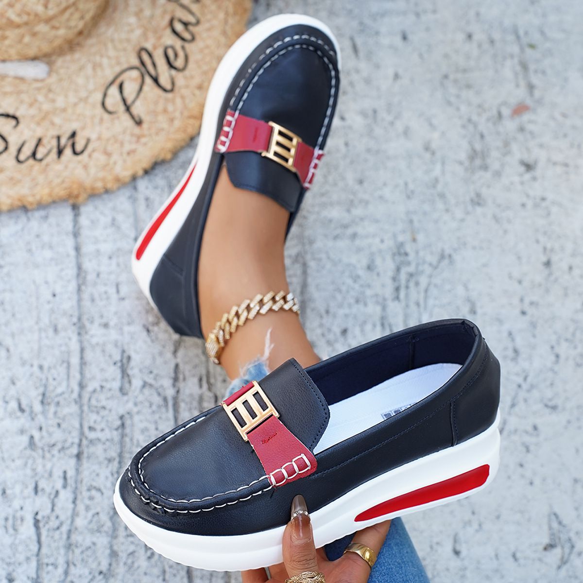 Women's Thick Soled Round Toe Shoes Spring/Summer Solid Color Shallow Mouth Metal Buckle PU Independent Style_vogvips.com