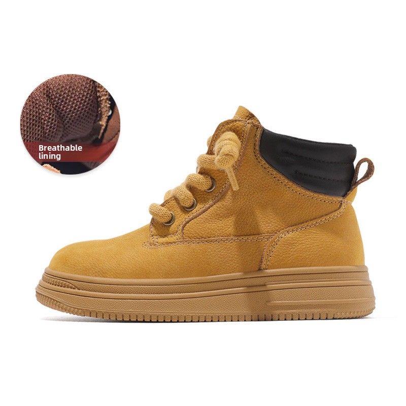 Top Layer Cowhide Children's Martin 2025 Autumn Winter New Fleece-Lined Short Girls' Cotton Boys' Yellow Boots_vogvips.com