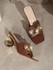 Brown Fashion Women S Shoes High Heels Hollow Pearl Metal Shiny Pointed Sandals_vogvips.com