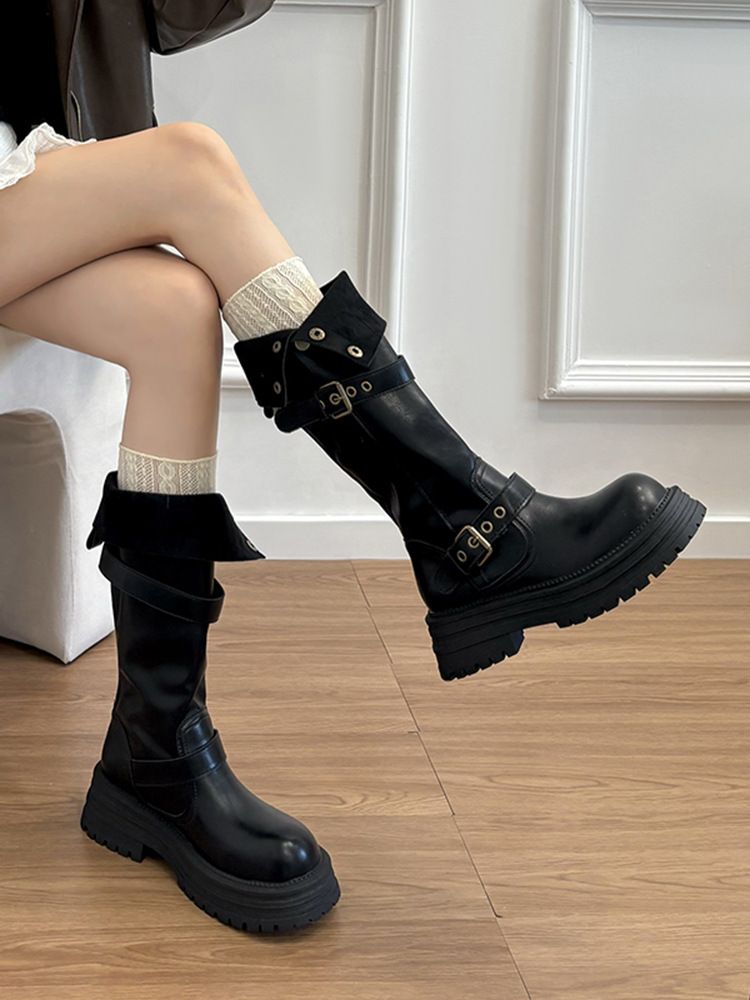 Cowhide Version~ Two Wear Thick-soled Heightening Boots, Genuine Leather Maillard Boots, Women's Autumn And Winter Retro Tall Knight Boots_vogvips.com