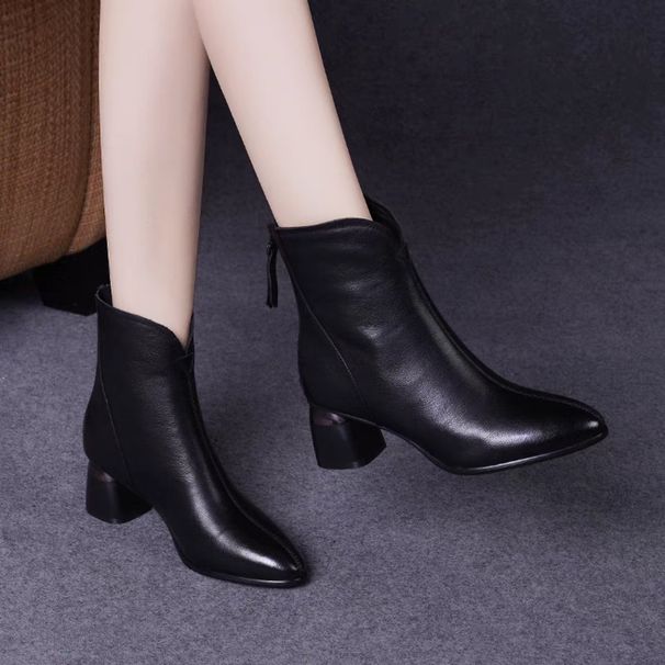 ShoeVault 2024 New Short Women, Chunky Soft Leather High Heel Fleece-Lined Cotton Autumn Winter Women's Shoes, Pointed Toe Martin_vogvips.com