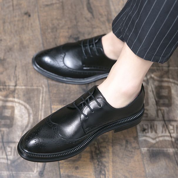 Voyage Leather Korean Pointed Brogue Men's Business Casual Formal British Style Hairstylist Trendy Shoes_vogvips.com