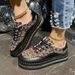 Fashion Women's Chunky Sole Sneakers With Rhinestones - Comfortable Low-Top Casual Shoes For Spring & Summer - Round Toe PU Leather Lace-Up Shoes_vogvips.com