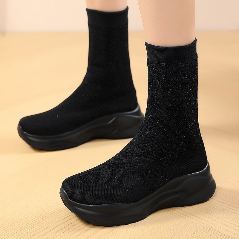 Women's Elastic Sock Fleece-Lined Cotton Shoes Mid-Calf Thick-Soled Casual Short Slim Boots 2025 Winter_vogvips.com