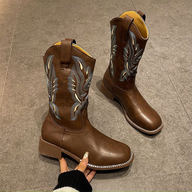 Women's Western Cowboy Boots With Embroidery & Chunky Heel, Mid-Calf Riding Boots In PU Leather, Square Toe Autumn Fashion Plus Size._vogvips.com
