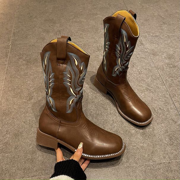 Women's Western Cowboy Boots With Embroidery & Chunky Heel, Mid-Calf Riding Boots In PU Leather, Square Toe Autumn Fashion Plus Size._vogvips.com