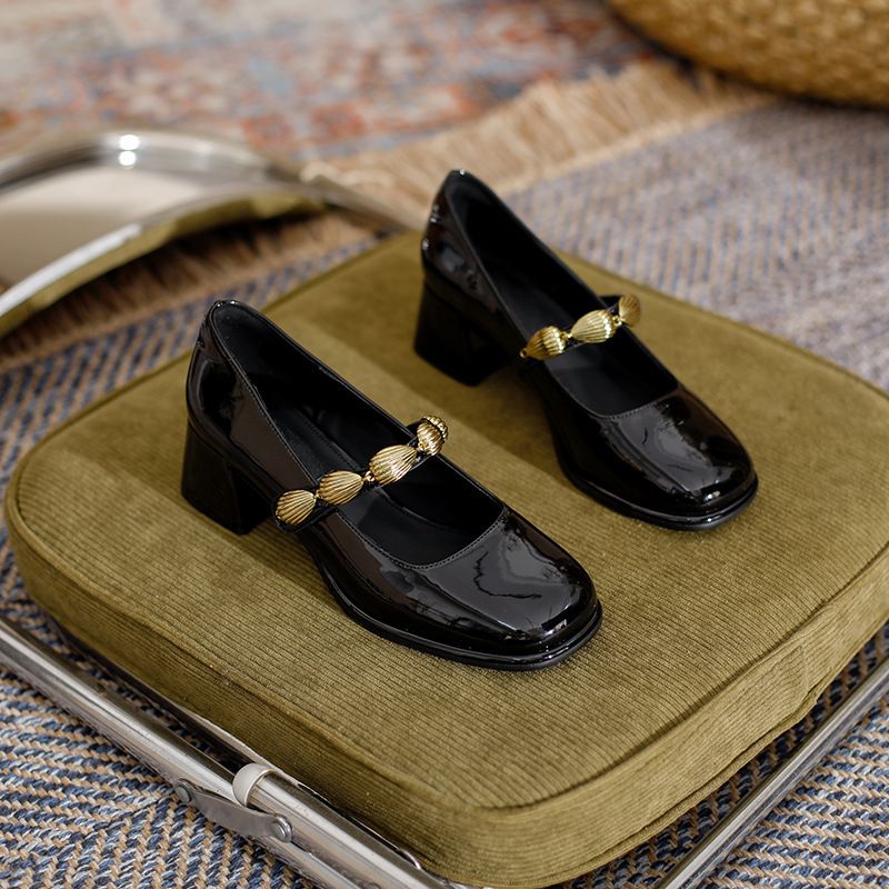 Vintage Mary Jane Chunky Heel Shoes With Shell Buckle - Square Toe Platform Sandals For Women (Silver/Black)_vogvips.com