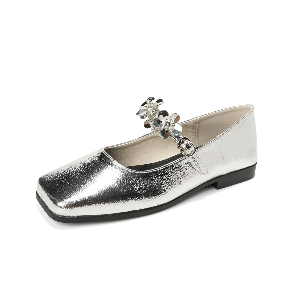 Genuine Leather French Niche Square Toe Sequin Buckle Mary Jane For Women 2025 New Fairy Style Matching Dress Flat Shoes_vogvips.com