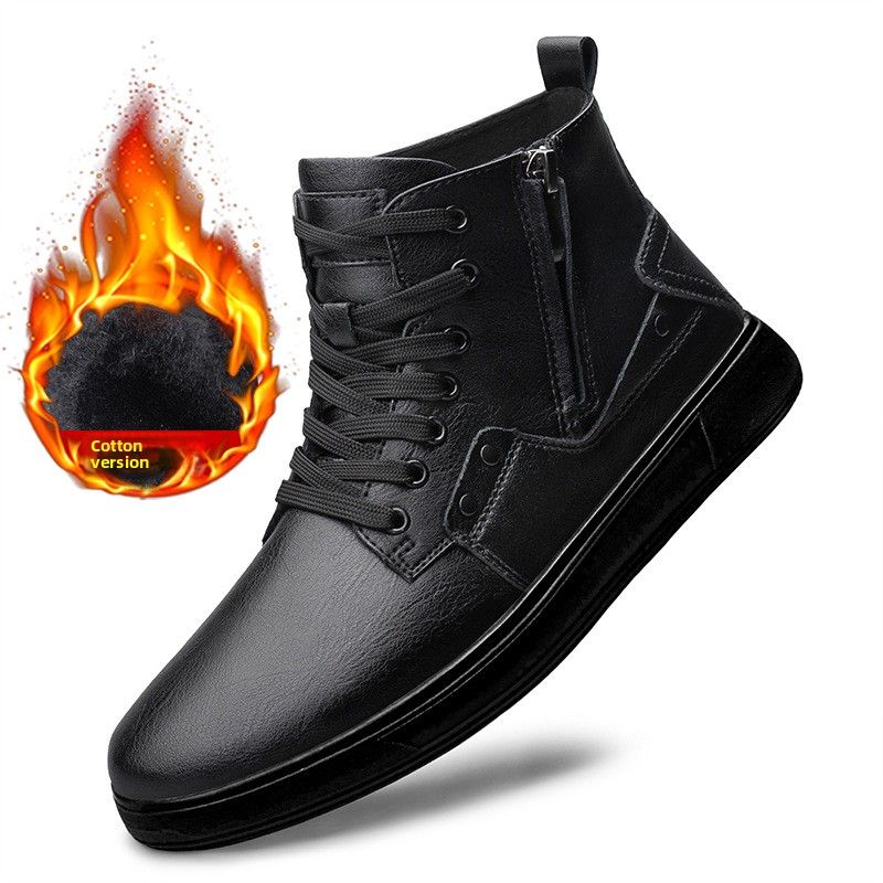 Martin Boots Men's Velvet Thermal Leather Zipper Top Layer Short Boots High Top Cotton Shoes_vogvips.com
