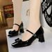 Women's Elegant Bow-Trimmed Patent Leather Mary Jane Pumps With Chunky Heel And Adjustable Buckle Strap - Perfect For Parties, Work & Daily Wear_vogvips.com