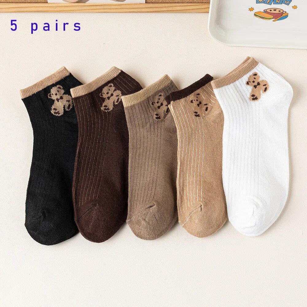 5 Pairs Of Cute Teddy Bear WOMEN'S With Shallow Mouthed Spring And Summer Casual Matching Short Tube Boat Socks_vogvips.com