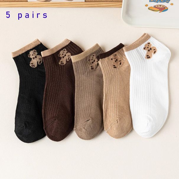 5 Pairs Of Cute Teddy Bear WOMEN'S With Shallow Mouthed Spring And Summer Casual Matching Short Tube Boat Socks_vogvips.com