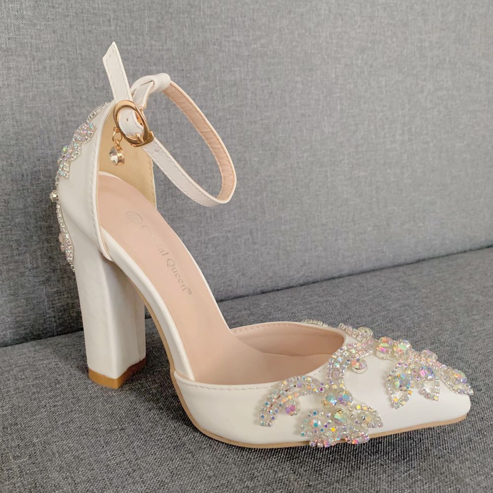 Women’s Shoes 10cm thick heel pointed toe shoes large size thick heel sandals rhinestone wedding shoes women white wedding shoes diamond_vogvips.com