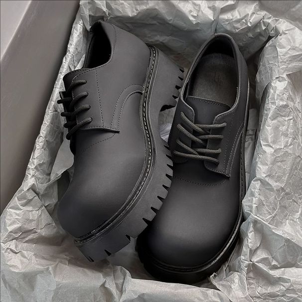 ShoeVault Black Chunky Derby For Men, Round Toe, Summer Thick Sole, Height Increasing Leather Shoes, Cleanfit Trendy Shoes_vogvips.com