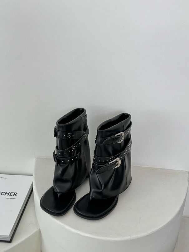 2119-3~ Chunky Heel French Style Toe Clip Sandals For Women 2024 Summer New Western Jeans Tube Short Boots_vogvips.com