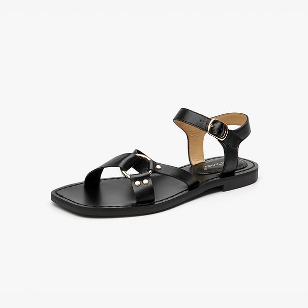BEAUTODAY Fashion Sandals Women Genuine Cow Leather Buckle Strap Metal Decoration Solid Color Summer Ladies Shoes_vogvips.com