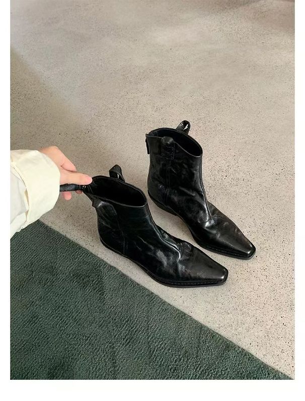 Grape Mom Same Style Fashionable Pointed Toe V-Cut Denim Genuine Leather Slim Chunky Heel Wrinkled Western Short Boots_vogvips.com