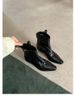 Grape Mom Same Style Fashionable Pointed Toe V-Cut Denim Genuine Leather Slim Chunky Heel Wrinkled Western Short Boots_vogvips.com