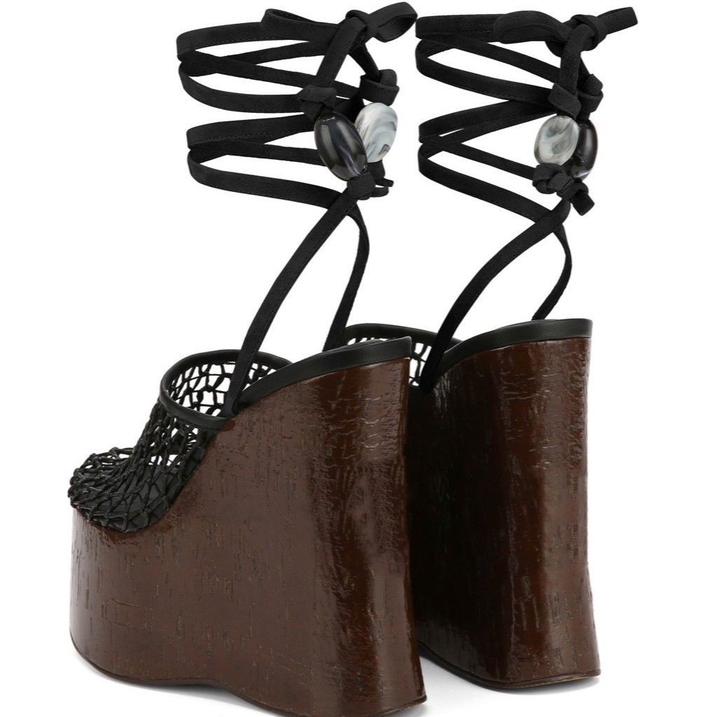 Women's Wood Grain Platform Sandals Adjustable T Strap Chunky Heel Fishnet Summer Festival Shoes Nude Black Block Heels_vogvips.com