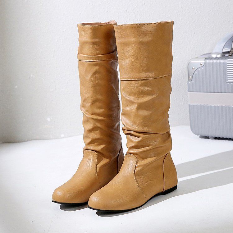 Women's Classic Long Leather Boots - Flat Heel Round Toe Knee High Winter Boots For Ladies (Black, Brown, Gray, Beige)_vogvips.com