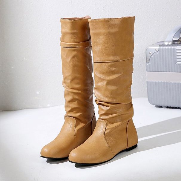 Women's Classic Long Leather Boots - Flat Heel Round Toe Knee High Winter Boots For Ladies (Black, Brown, Gray, Beige)_vogvips.com