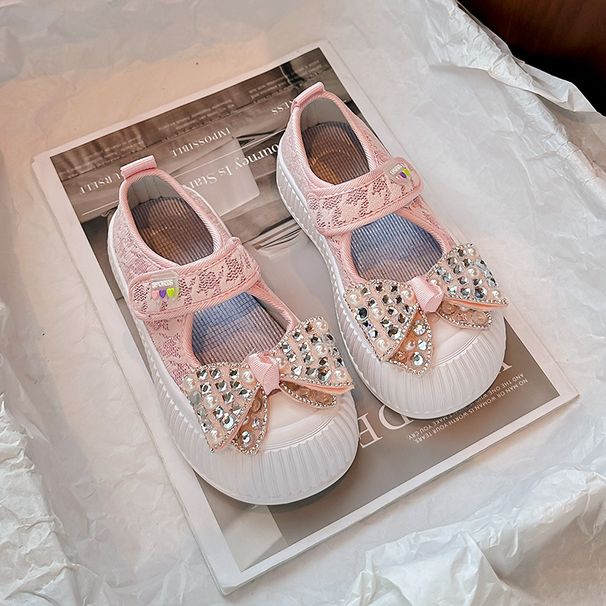 Girls' Pearl & Rhinestone Bow Ballet Flats – Breathable Mesh School Shoes (Beige/Pink, Sizes 26-36)_vogvips.com