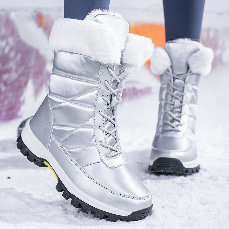 Lace up splash snow boots for women with thick velvet soles, warm winter anti slip high top Northeastern cotton shoes,_vogvips.com