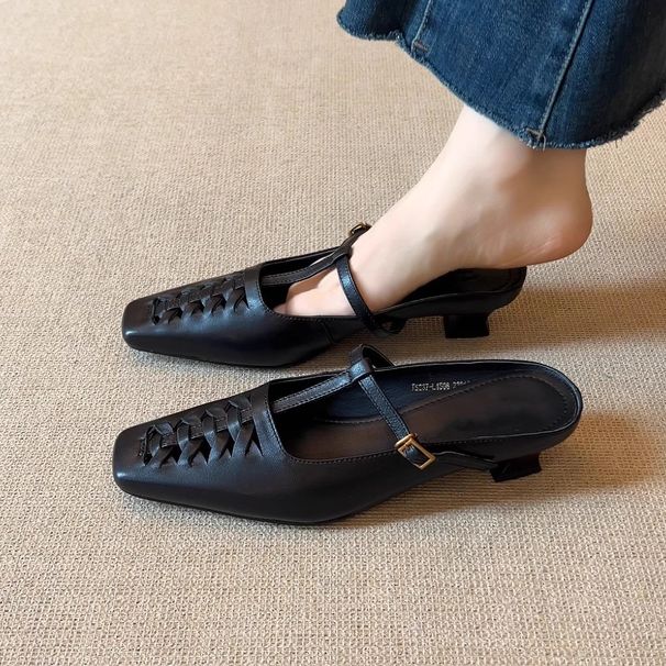 Women's Shoes Retro Woven Square Toe Mules, Versatile T Strap Closed Toe Sandals._vogvips.com