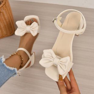 French High Heels Women's 2025 Summer New Fashion Versatile Bowknot Comfortable Ankle Strap Chunky Heel Sandals_vogvips.com