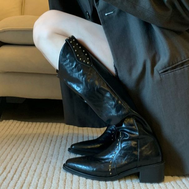Soft Leather Version~V-Mount Rivet Pointed Toe Western Cowboy Over-the-Knee Heel Long Women's High Tube Riding Boots_vogvips.com