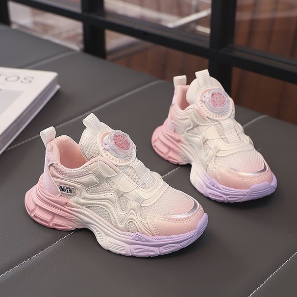 Girls' Rotating Button Sneakers Soft Sole Non-Slip Breathable Mesh Korean Style Spring Autumn Children's Running Shoes_vogvips.com