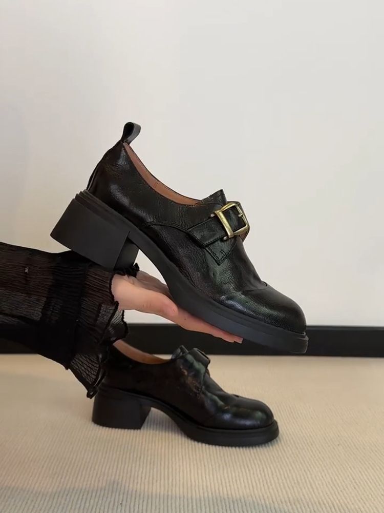 Belt Buckle Deep Loafers Women's Thick Heel One Pedal Small Leather Shoes Women's Low Heel_vogvips.com