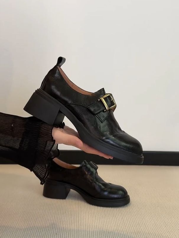 Belt Buckle Deep Loafers Women's Thick Heel One Pedal Small Leather Shoes Women's Low Heel_vogvips.com