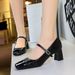 5298 Mary Jane Light Luxury Women's Shoes Water Diamond One Word Belt Square Head Coarse Middle Heel Leather Splicing_vogvips.com