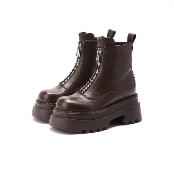 2025 New French Style Genuine Leather Short With Front Double Zipper Martin Boots For Petite Women To Look Taller And_vogvips.com