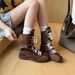Women Boxing Boots Cowhide Version ~ Matte Niche Martin Lace-Up Boxing Round Toe Women's Versatile Mid-Calf Western Boots_vogvips.com