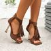 Brown Tassel Women's Shoes New Fine Heel Cool Boots Large Size Retro Sexy Fashion Women's High Heel Sandals_vogvips.com