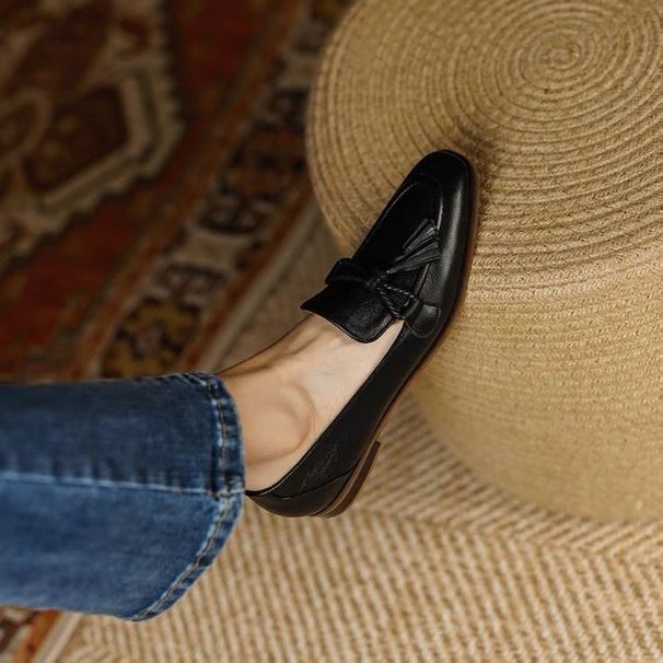 Round Head Tassel Black Soft Bottom Bean Shoes Thick Heel Low Heel Shoes Women's Casual Loafers Ladies Shoes_vogvips.com