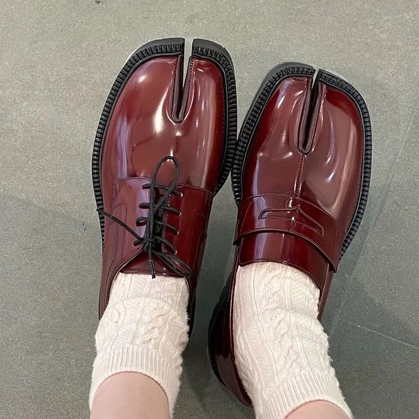 New Split Toe Women S Horseshoe And Pig Hoof Small Leather Lace Up Casual British Style Lefu Shoes_vogvips.com