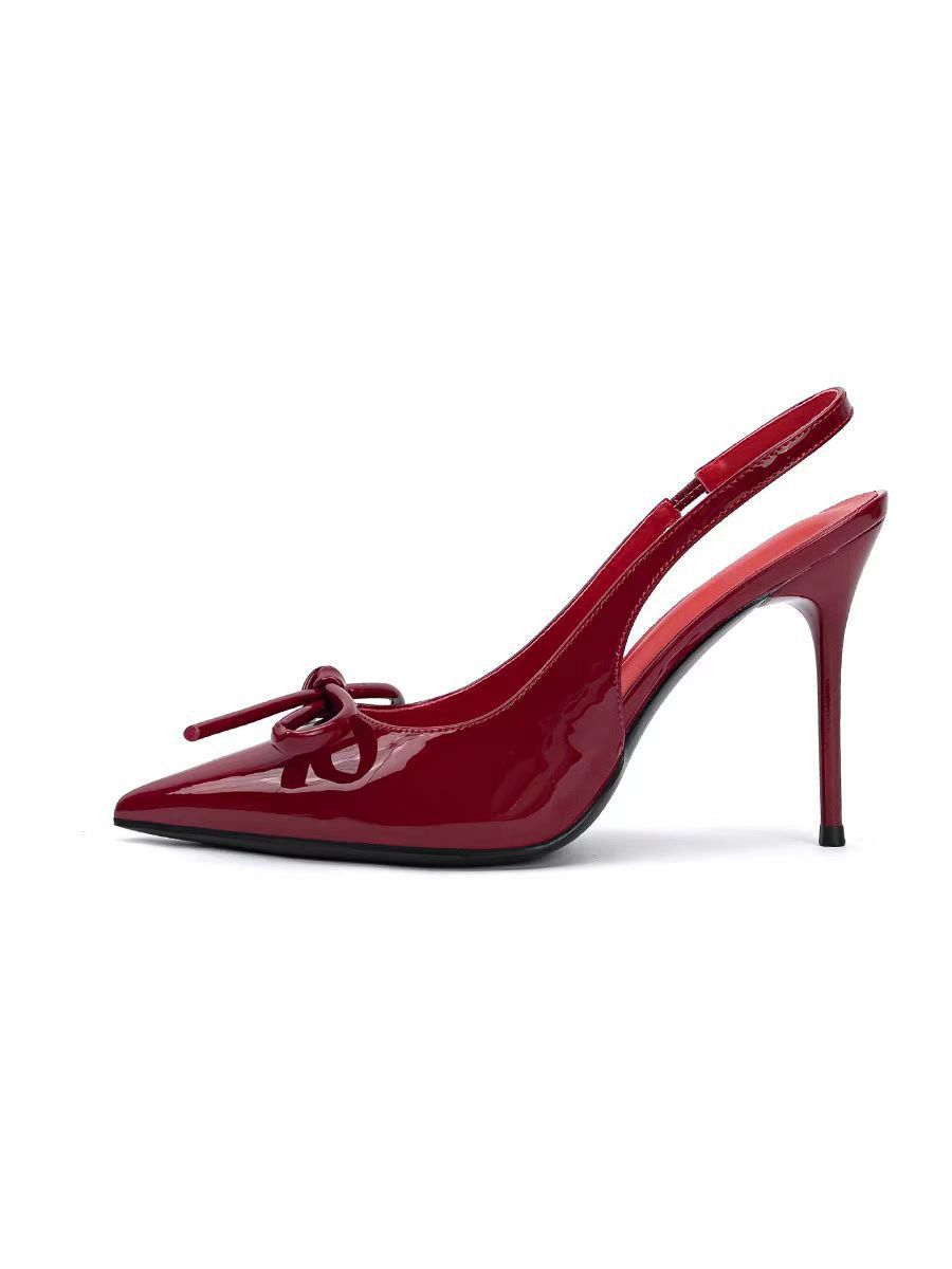 2025 Spring/Summer New Burgundy Patent Leather High Heels For Women With Bowknot, Pointed Toe, Shallow Mouth, Single_vogvips.com