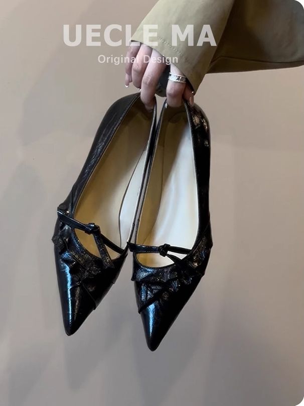 Soft Lambskin Genuine Leather Single Shoes For Women, Flat Bottomed, Pointed Toe, Small Wedge Heels, Temperament, Versatile Bowknot Shoes_vogvips.com