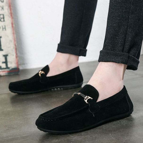 Mens Black Suede Loafers With Metal Buckle Slip On Casual Shoes_vogvips.com