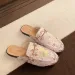 Floral Mule Shoes Woman Elegant Closed Toe Slip On Sandals Ladies Pink Beige Outdoor Slides With Gold Chain 250321_vogvips.com